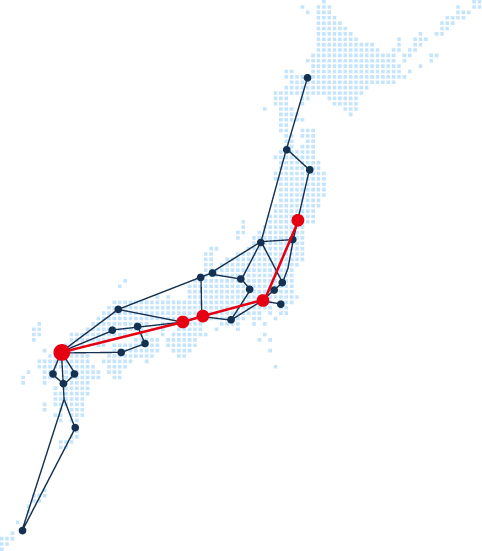 日本地図のイラスト 全国に事業所が点在し、それぞれが線で繋がれている